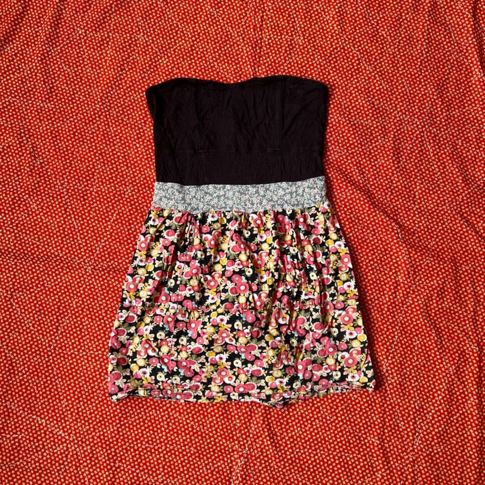 American Rag Cie Womens Strapless Floral Mini Dress Black Pink Size M Indie Twee